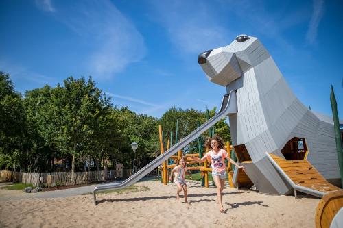 two children playing on a slide at a playground at Center Parcs Park De Haan in De Haan