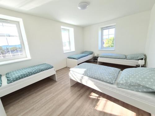Zimmer mit 3 Betten und 2 Fenstern in der Unterkunft Ubytování Na Nové in Bludov