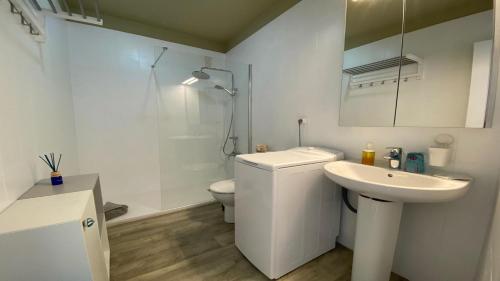 バジェ・グラン・レイにあるApartment El Bajioの白いバスルーム(洗面台、トイレ付)