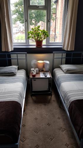 una habitación con 2 camas y una mesa con una planta en Hour Glass Hotel, en Londres