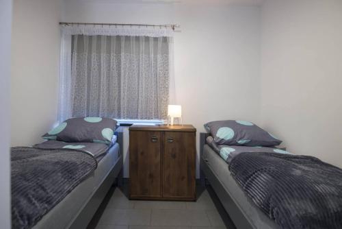a bedroom with two beds and a table with a lamp at Jurajskie Apartamenty in Żarki