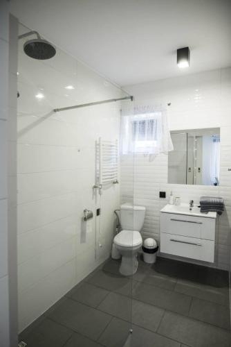 a white bathroom with a toilet and a sink at Jurajskie Apartamenty in Żarki