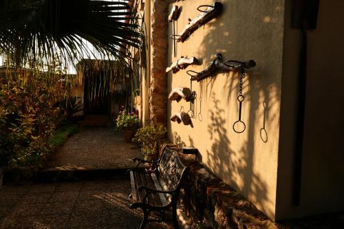 a bench sitting next to a wall with a shadow at Agriturismo Papyrus in Siracusa