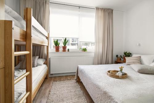 1 dormitorio con 2 literas y ventana en Free Time Apartments, en Szczyrk