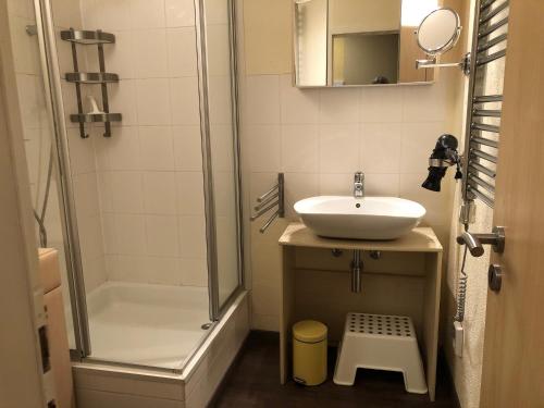 a small bathroom with a sink and a shower at Apartment Happy Holiday in Winterberg
