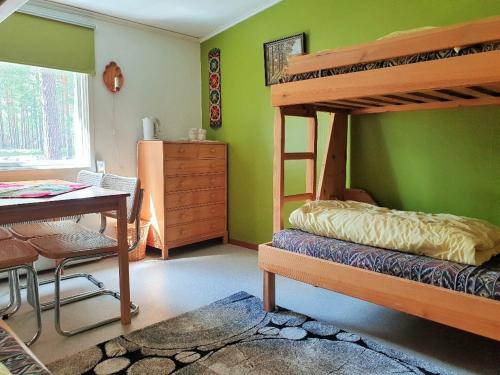 a bedroom with a bunk bed and a desk and a deskablish at HOSTEL and VANDRARHEM LUPIN Naturcamping Lagom in Gräsmark