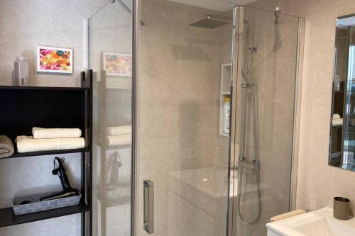 a bathroom with a glass shower with a sink at New Studio Sito 8 Parking Gratis in Salamanca