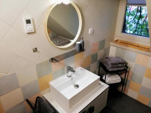 een badkamer met een wastafel en een spiegel bij Fajn Apartment in Šempeter v Savinjski Dolini