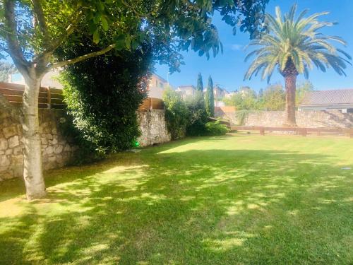 a green yard with a stone wall and palm trees at Hotel Finca Alcamino in Mompía
