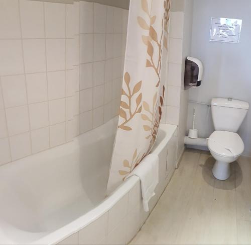 a bathroom with a bath tub and a toilet at Hôtel La Bérangère in Pérouges