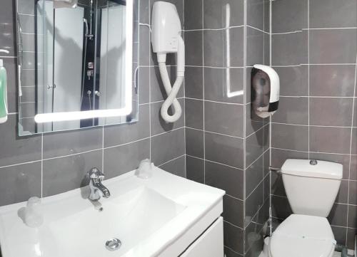 a bathroom with a sink and a toilet and a mirror at Hôtel La Bérangère in Pérouges