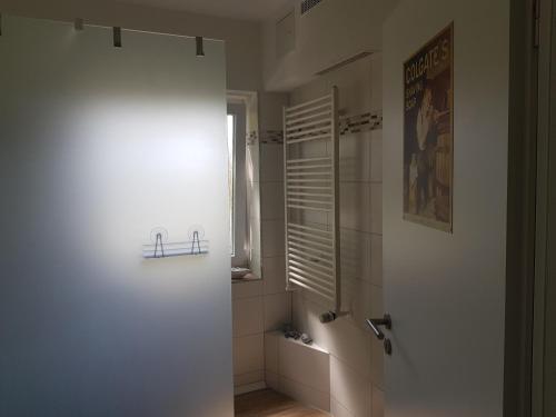ein Bad mit einer Dusche und einer weißen Tür in der Unterkunft Fewo Daisy 195 in Wilhelmshaven