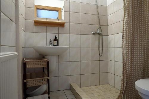 a bathroom with a sink and a shower at Gospodarstwo Agroturystyczne LOBELIA in Pomysk Wielki