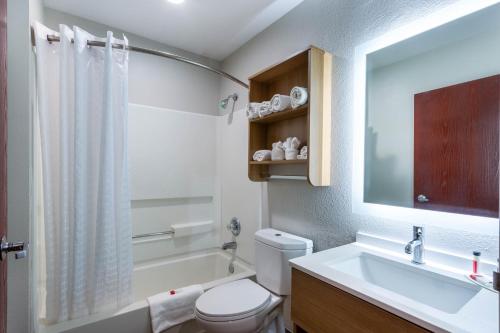 La salle de bains est pourvue d'un lavabo, de toilettes et d'une baignoire. dans l'établissement Microtel Inn & Suites by Wyndham Burlington, à Burlington