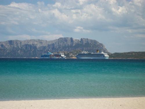 a cruise ship in the water with mountains in the background at Hotel Terranova in Olbia