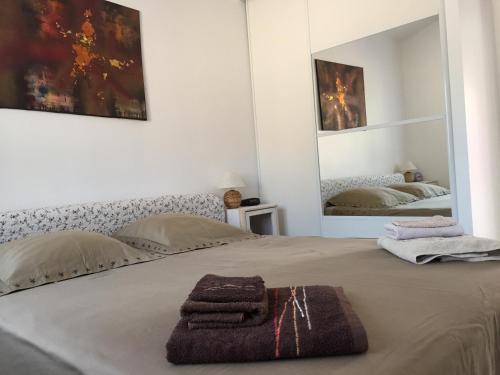 Un dormitorio con una cama con una toalla. en Le BrenSol, en Brens