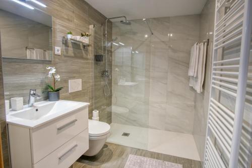 a bathroom with a toilet and a sink and a shower at Cantinho d'Alcácer in Casal