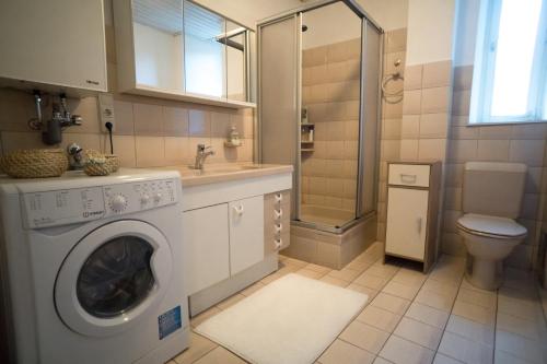 インスブルックにあるGemütliche Altbauwohnung im Zentrumのバスルーム(洗濯機、トイレ付)