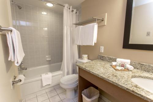 a bathroom with a sink and a toilet and a shower at Campus Tower Suite Hotel in Edmonton