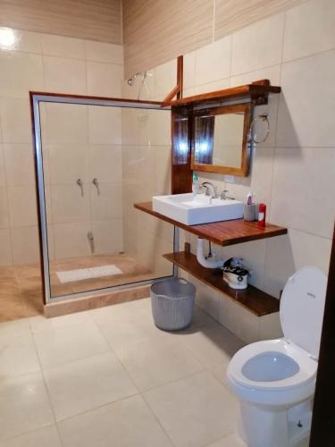 a bathroom with a toilet and a sink and a shower at Tropical Housing by El Rodeo - Puerto Jimenez Centro in Puerto Jiménez