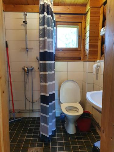 a bathroom with a toilet and a sink at Pitkämö Canyon Camping Oy in Kurikka