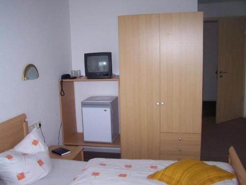 a bedroom with a bed and a tv on a cabinet at Hotel-Pension Sandl in Bogen