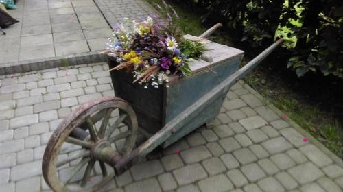 a wooden cart with flowers in it on a sidewalk at Agrowczasy in Wola Piotrowa