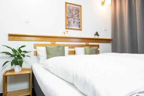 duas camas num quarto de hotel com uma planta em Restaurace a penzion U Hasičů em Klimkovice