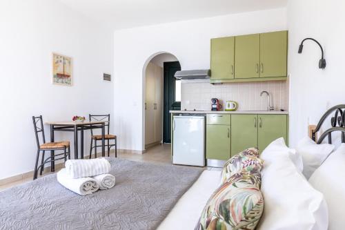 a living room with a couch and a kitchen at Kalithea Studios in Stafylos