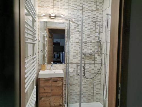 a bathroom with a sink and a shower at Nockalm Cottage in Bad Kleinkirchheim