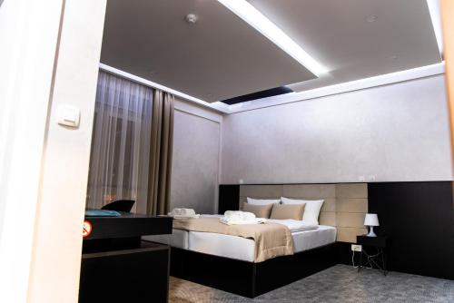 a bedroom with a bed and a desk in it at Hotel Biss in Zenica