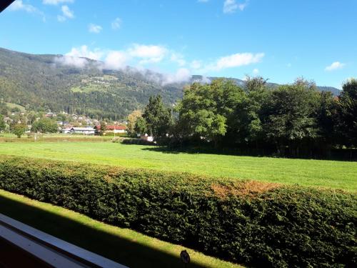 a view of a field with a mountain in the background at KARL Haus KMB Seeappartement am Ossiacher See mit direktem Seezugang, Hallenbad in Bodensdorf