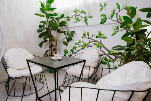 a group of chairs and a table in a room with plants at Higina Spa Hotel in Truskavets