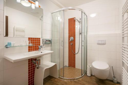 a bathroom with a shower and a sink and a toilet at Hotel U Kabinky in Janske Lazne