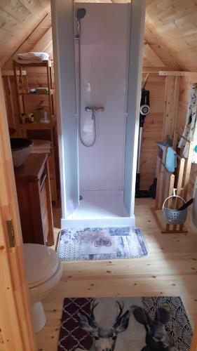 La salle de bains est pourvue d'une douche et de toilettes. dans l'établissement Chalet Finlandais et Sauna 2 pers, à Gosnay