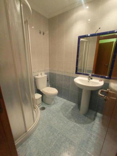 a bathroom with a sink and a toilet and a mirror at Casa Tito in Campo Lameiro