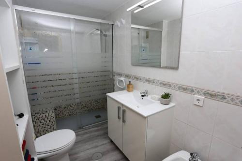 La salle de bains est pourvue de toilettes, d'un lavabo et d'une douche. dans l'établissement Calle San Basilio - Patios. Aparcamiento gratis, à Cordoue