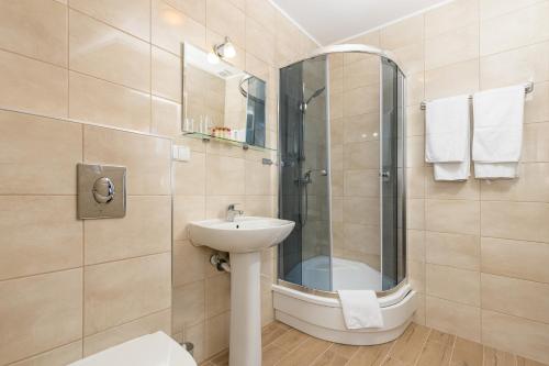 a bathroom with a sink and a shower at Hotel Ruczaj in Krakow