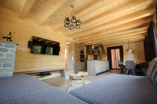 a living room with a bed and a kitchen at Montana Hochfügen in Hochfugen