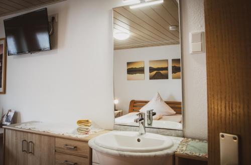 a bathroom with a sink and a large mirror at Restaurant / Pension Mainzer Tor in Alsfeld