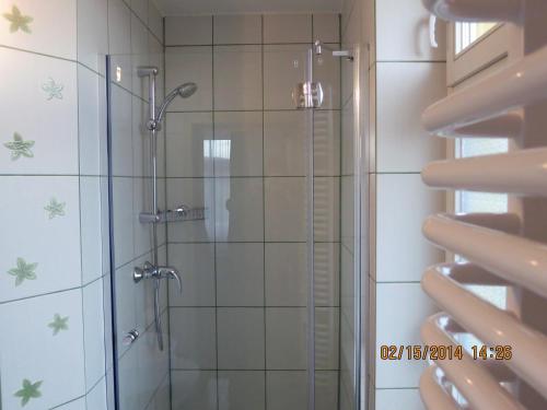 a shower with a glass door in a bathroom at Pension Luft in Dresden