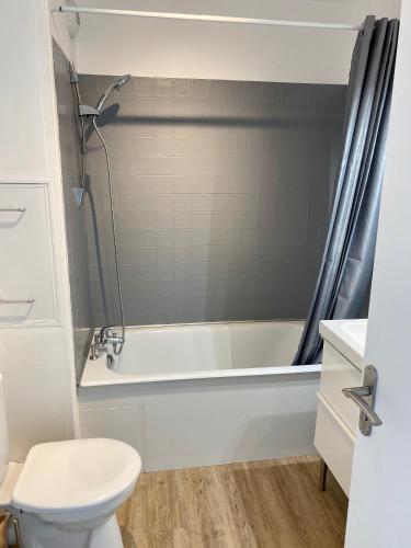 une salle de bain avec une baignoire blanche et des toilettes dans l'établissement L'INDUSTRIEL CHIC, 2 PIECES AVEC VU IMPRENABLE SUR ROUEN, à Rouen