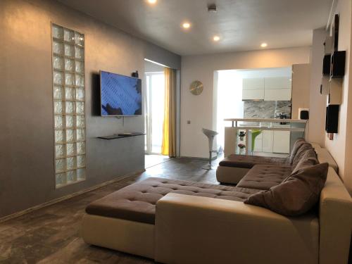 a living room with a couch and a tv at Luxury Westpark 2 Residence Lake View W6 in Bucharest