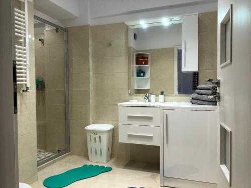 a bathroom with a shower and a sink and a toilet at Luxury Westpark 2 Residence Lake View W6 in Bucharest