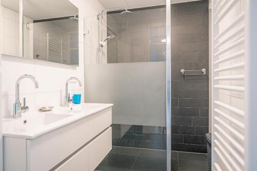 a bathroom with a sink and a glass shower at Appartementencomplex Juliana 52 in De Koog