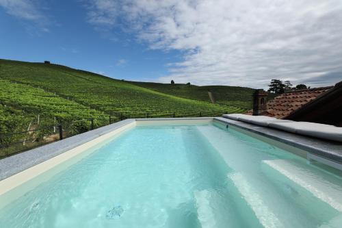 a swimming pool with a view of a vineyard at Villa Giobatta in Barolo