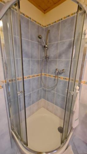 y baño con ducha y mampara de cristal. en Apartmán Kragujevská, en Žilina