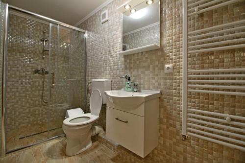 a bathroom with a toilet and a shower and a sink at Pensiunea Nelu & Klein in Sibiu