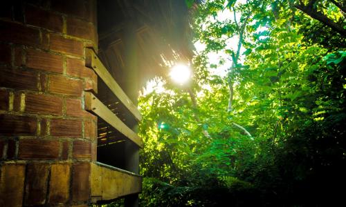 a brick building with the sun shining through the trees at Posada Nuuna Mazunte in Mazunte