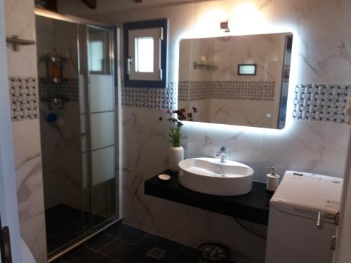 a bathroom with a sink and a shower at VILLA TELLINA in Skiathos Town